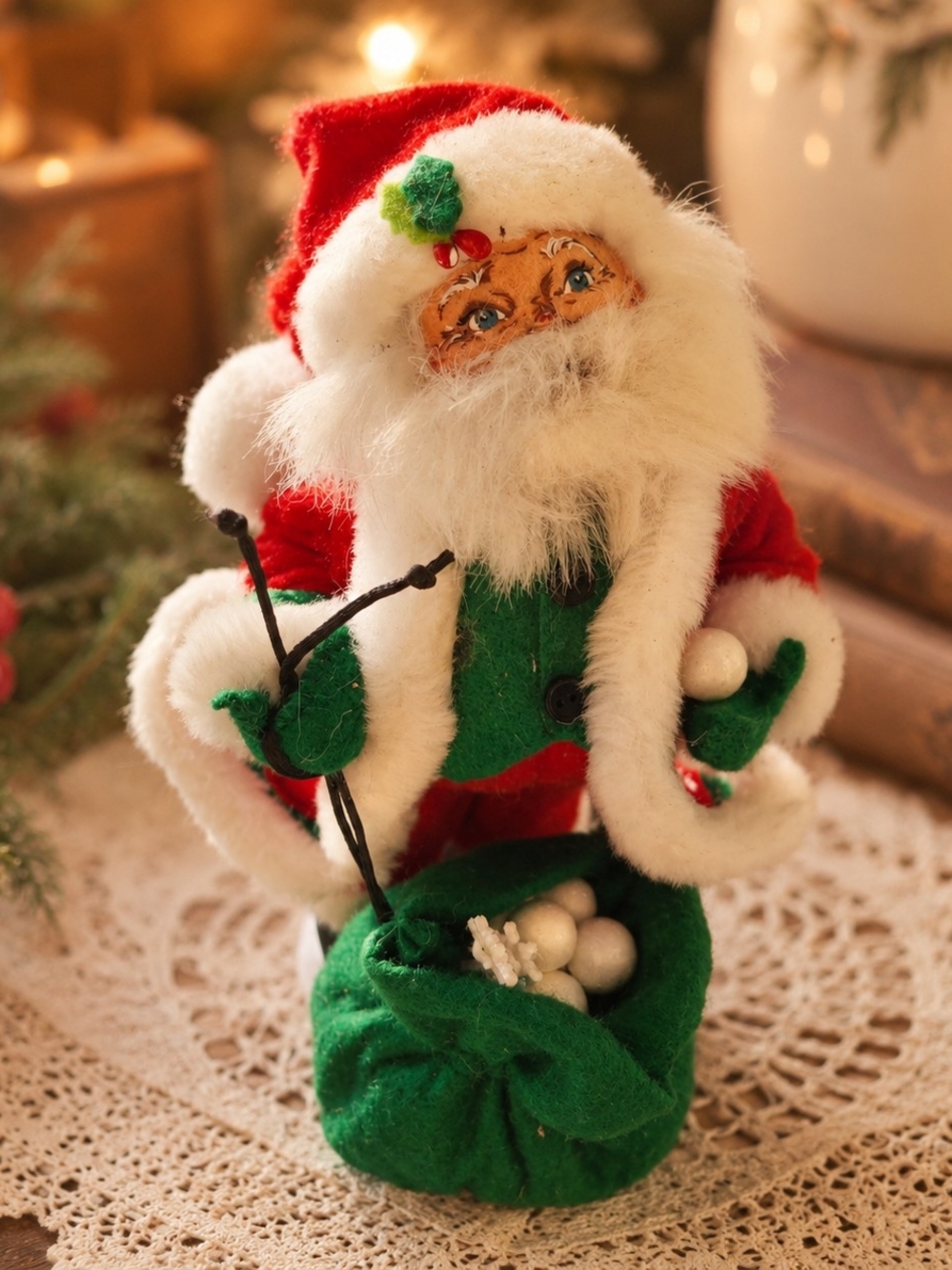 Annalee Red, Green & White Santa with Felt Sack Holiday Figurine